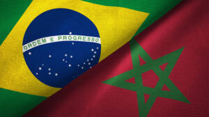 Morocco and Brazil flags together realtions textile cloth fabric texture