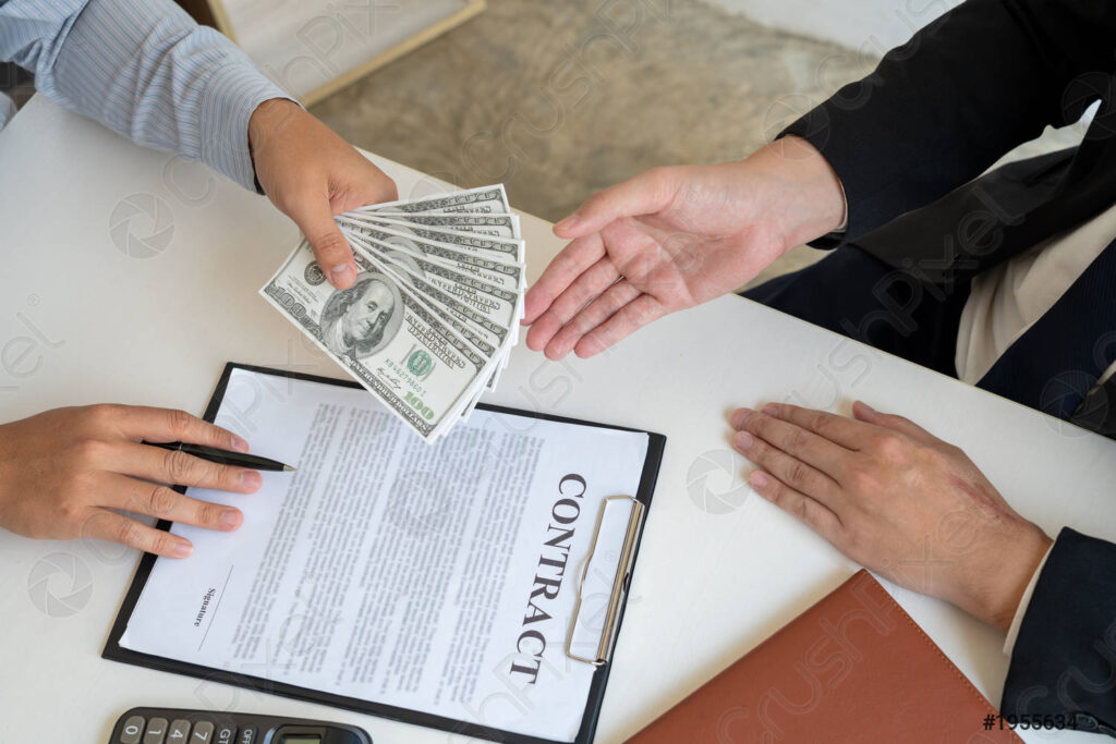 Businessman giving bribe money dollar